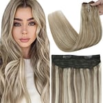 Fshine Tissage de cheveux Humains 45cm 80g Extensions de Cheveux Brun Cendré Naturel Highlight Platinum Blonde Remy Hair Invisible Fish Line Weave in Hair Extension Tissage Naturel Cheveux Humain