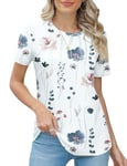 Rapbin Crew Neck Shirts for Women Short Sleeve Cute Pleated Summer Blouses Fashion Ladies Tops,White Floral,XXL