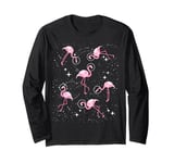 Pink Flamingo in Space Stars Astronaut Hat Tropical Theme Long Sleeve T-Shirt