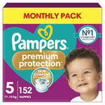 Pampers Premium Protection Size 5, 152 Nappies, 11kg-16kg, Monthly Pack, Double Protection for skin and against leaks