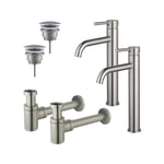 Fortifura Calvi Kit robinet lavabo - pour double vasque - robinet rehaussé - bonde non-obturable - siphon design bas - Inox brossé PVD