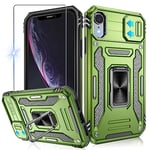 Jshru for iPhone XR Case with Screen Protector and Slide Camera Cover [Upgrade],Military Grade Shockproof iPhone XR Phone Case with Ring Kickstand, Anti-Scratch Armour Phone Cover for iPhone XR,Green