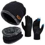 Hiver Bonnet Écharpe Ensemble Gants - Unisex Packs Snood Chapeau Mitaines Écran Tactile Tricot Laine Polaire Chaud Anti Froid Ski Musculation Cyclisme Moto Vtt Sports Plein Air Cadeau Noel