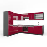 Vicco - Cuisine en angle Fame-Line, Bordeaux haute brillance/anthracite, 227 x 60 cm sans plan de travail