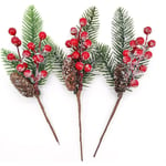 Artificial Pine Berry Branches 12PC Snowy Christmas Picks Holly Stem with Pinecones for Xmas Garland Winter Gift Wrap