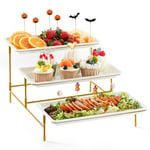 Lifewit Plateau de Service avec 3 Plats, Plateau Repas, Grand Plateau Plastique Rectangulaire 30×17cm, Presentoir Aperitif Buffet, Présentoir à Gâteaux, Panier Fruits, Support en Métal Doré