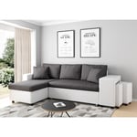 Canapé angle gauche convertible + 2 poufs + coffre tissu simili ANETTA gris/blanc 3 places