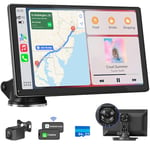 Autoradio sans Fil 9'' Apple Carplay Voiture, Dashcam 4K, Caméra Arrière 1080P, Commande Vocale, Écran Tactile, Android Auto, Navigation GPS, Radio Bluetooth, Mirror Link/AUX/FM/avec 64Go SD Carte