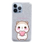 Coque Iphone 13 PRO paillettes argent hamster kawaii coeur