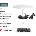 Kit Antenne Omnidirectionnelle 360⁰ vhf uhf tv Numérique kuma Cosmos + Mini Récepteur tnt hd SNT-360-HD - 12V 24V, avec Base Magnétique, Pour Bateau,