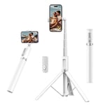 ATUMTEK Perche Selfie 140cm, Trepied Smartphone avec Télécommande Bluetooth Rechargeable, Selfie Stick Tripod en Aluminium Extensible, Compatible avec Téléphones iPhone, Samsung et Android - Blanc