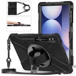 Gerutek Coque Antichoc pour Samsung Galaxy Tab S10+ Plus 2024/S9 Plus 2023/S9 FE Plus 12.4", Étui Armure Robuste avec Support Rotatif, Dragonne et Bandoulière, Porte-Stylet, Housse pour Tab S10+, Noir