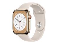 Apple Watch Series 8 (Gps + Cellular) - 45 Mm - Guld, Rostfritt Stål - Smart Klocka Med Sportband - Fluoroelastomer - Starlight - Bandstorlek: Standard - 32 Gb - Wi-Fi, Lte, Bluetooth, Uwb - 4G - 51.5 G