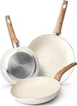 Nuovva 3 Pieces Non-Stick Chef's Pans | Kitchen Cream Granite Frying Pan Set