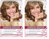 L’ORÉAL PARIS - Coloration Cheveux Permanente Triple Soin - Couvre 100% des Cheveux Blancs - Excellence Crème - Nuance : Blond (7) (Lot de 2)