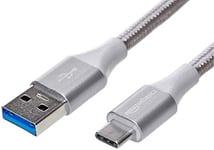 Amazon Basics Cable macho de USB C 2.0 a USB A 3.1 , 1 ª generación, de nailon con trenzado doble , 1.8 m, Plateado, Argenté