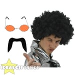 70's Man Set Black Afro Wig Moustache Orange Glasses Disco Fancy Dress 1970's