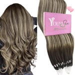 YoungSee Extension Cheveux Micro Ring Balayage 14 Pouces 35 Cm Extension a Froid Chatain Brun Fonce avec Blond Cendre Extension à Froid Balayage Extension Micro Ring Pour Cheveux Courts 50Brin/50G