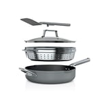 Ninja NeverStick PossiblePan, Premium Set with 4-Quart Capacity Pan, Steamer/Strainer Basket, Glass Lid & Integrated Spatula, Nonstick, Durable & Oven Safe to 500°F, Sea Salt Grey, CW102GY