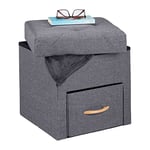 Relaxdays Tabouret de Rangement, tiroir, Compartiment, Pliable, rembourré, Pouf Confort, HxLxP 40,5 x 40 x 40 cm, Gris