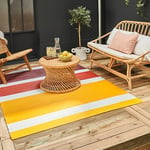 THE RUGS Rainbow Collection Outdoor Rug - Easy to Clean, Waterproof Plastic Outdoor Rugs for Garden, Patio, Balcony, Camping - Vibrant Plastic Straw Rug - Striped Yellow/Brown, 150x220