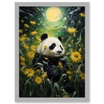 Midsummer Night's Panda Dream Oil Painting Panda Bear in a Full Moon Sunflower Field Landscape Kids Bedroom Artwork Framed Wall Art Print A4