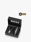 BOSS Men's Devon Dog Tag Pendant Necklace and Box Chain Bracelet Gift Set, Silver