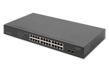 DIGITUS Commutateur réseau 24 Ports Gigabit PoE Ethernet - Non administré - 24 Ports RJ45 + 2 Ports SFP pour Liaison Montante - Budget PoE de 370W - Facteur de Forme 19 Pouces - Noir