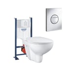 Pack WC suspendu sans bride GROHE Bau ceramic + Bâti support + abattant + plaque ronde chromé