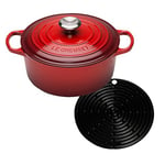 Le Creuset Signature Cast Iron Round Casserole with Cool Tool, 30 cm - Cerise