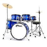 Childrens Drum Kit 5-Piece Set for Kids with Snare, Toms, 16" Bass Drum, Bass Drum Pedal, Hi-Hat and Crash Cymbals, Throne and Sticks - Blue - TIGER JDS14-BL