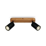 BRILONER - Plafonnier rétro avec bois, 2 flammes vintage, 2x GU10, spot LED réglable, spot de plafond rustique, noir-bois, 270x60x85 mm