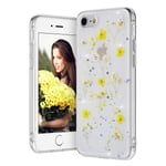 EYZUTAK Dried Flower Case for iPhone SE(5G) 2022 iPhone 7 iPhone 8 iPhone SE 2020, Bling Glitter Sequin Shockproof Clear Floral Pattern Silicone Gel Back Cover Protective Case - Yellow