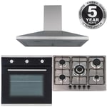 SIA 60cm Black Single Electric True Fan Oven, 70cm Gas Hob & Chimney Cooker Hood