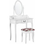 Table de Maquillage Coiffeuse Blanche avec Tiroir Miroir Ovale et Tabouret Assorti Motif Floral pour Chambre au Style Glamour et Romantique Beliani