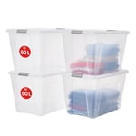 Iris Ohyama, Boite Rangement Plastique avec Couvercle, 60L, Lot de 4, Argent, Clips de Fermeture, Poignée,Empilable, Organisation Solide & Durable, pour Chambre, Dressing, Bureau, NTB-60