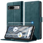 Focusor Coque pour Google Pixel 7a avec Verre Trempé Protection,Housse PU Magnétique Flip Portefeuille Emplacement Carte Coque pour Google 7a Etui Premium en Cuir,Antichoc Coque pour Pixel 7a,Bleu