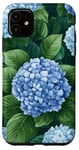 Coque pour iPhone 11 Hortensias vert riche bleu pastel clair