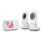 VTech VM3250-2 Video Baby Monitor with 2 Cameras 300m Long Range with 2.8"LCD, Up to 19-hr Video Streaming, Night Vision, Secured Transmission Temperature Sensor Soothing Sounds 2X Zoom White