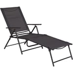 Bain de soleil pliable transat inclinable 5 positions chaise longue grand confort avec accoudoirs dim. 152L x 65l x 100H cm métal époxy textilène gris