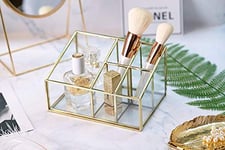 PuTwo Makeup Organizer Vintage 5 Compartments Glass & Metal Cosmetic Organizer Brass Makeup Storage for Makeup Brushes Perfume Lipsticks Nail Polish Makeup Holder for Dresser Vanity Countertop - Gold