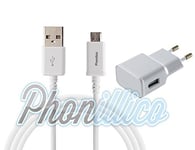 Phonillico® Cable USB + Chargeur Secteur Blanc pour Samsung Galaxy J5 - Cable Chargeur Universel Port Micro USB Data Chargeur Synchronisation Transfert Donnees Mesure 1 Metre Chargeur Secteur Prise Murale