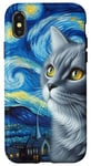 Coque pour iPhone X/XS Chat gris nuit étoilée Van Gogh Sky Painting Cats Lovers