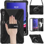 BRAECN Coque pour Samsung Galaxy Tab S9+ / S9 FE+ / S8+ / S7 FE / S7+ 12.4 Pouces, Étui de Robuste avec Porte-Stylet, Support Rotatif à 360° et Dragonne, Bandoulière, Noir