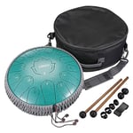 LEKATO 15 Notes 13 Inch C-Key Handpan Tongue Drum, Steel Drum Percussion Instrument for Healing Meditation Education, Hank Tank Drum Gifts Kit for Beginner Advanced Playing - Malachite Green