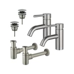 Fortifura Calvi Kit robinet lavabo - pour double vasque - robinet bas - bonde clic clac - siphon design bas - Inox brossé PVD