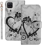 Norn for Samsung Galaxy A12 5G/M12 Phone Case,Embossed Love Heart Floral Pattern Shockproof PU Leather Wallet Case,Folding Stand Protective Flip Cover with Card Slots,Magnetic Closure,Black