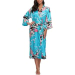 GROPC Women Satin Dressing Gown,Valentines Day Sexy Lingerie Silk Silky Peacock Print Babydoll Kimono Bridal Wedding Long Robe Dress Bathrobe Nightie Sleepwear For Friend Gift,Lake Blue,Xl