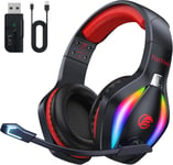 ¿2024 Nouveau¿FC100 Casque de Jeu sans Fil - 2,4 GHz et Casque Bluetooth avec Microphone - Son stéréo 3D et autonomie de 50 Heures - pour PS5/PS4/PC/tablettes/Switch/smartphones, Noir-Rouge