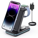 GEEKERA Wireless Charger, 3 in 1 Wireless Charging Station for iPhone 16/15/14/13/12/11/Pro Max/XS/XR/X, Watch Charger Stand for Apple Watch 10/Ultra/9/8/7/6/5/4/3/2/SE, AirPods 4/Pro/3/2-Carbon Black